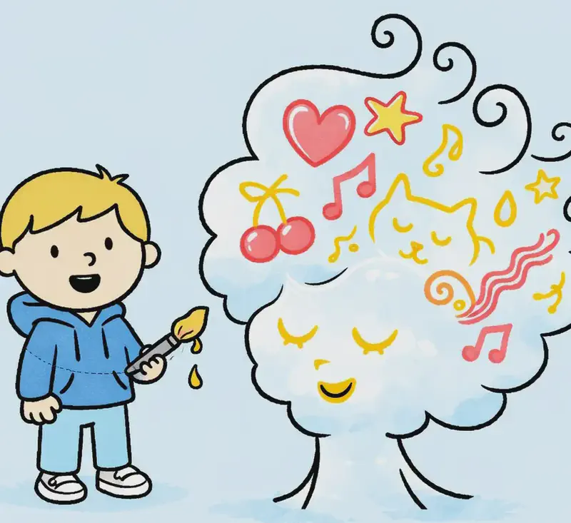 On the bottom-right corner of the image, Girl Made of Air is shown from the shoulders up with yellow-painted closed crescent-shaped eyes and a peaceful, contented smile marked in yellow paint on her face. Her voluminous, swirly white-blue hair flows upward and outward, filled with whimsical painted objects — a heart, a star, a cat, music notes, cherries, and other favorite things — all rendered in a playful, doodle-like style. On the left side, the Boy stands nearby holding a paintbrush with paint dripping from it, looking pleased with his work. The background is a plain light blue sky.