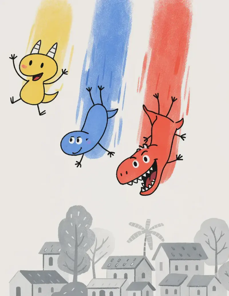 On the right side of the image, Red Dinosaur, Blue Dinosaur, and Yellow Dinosaur are flying downward from the sky in streaks of their respective colors, arms and legs spread wide as if diving toward the ground. Yellow Dinosaur has a cheerful smile, Blue Dinosaur looks calm and curious, and Red Dinosaur has an excited, toothy grin. Below them sits a grayscale suburban neighborhood with trees, houses, and rooftops — rendered entirely without color, as if waiting for the three primary-colored dinosaurs to bring color to the world.