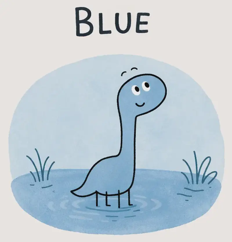 On the left side of the image, Blue Dinosaur stands within a large blue circular area representing a cool, calm lake, looking content with a gentle smile. Stylized plants sway gently below, and soft blue light fills the scene, evoking a peaceful, still environment. The word "BLUE" appears in white text above. The right ~40% of the image is a plain, light background with soft watercolor washes, left clear for text overlay.