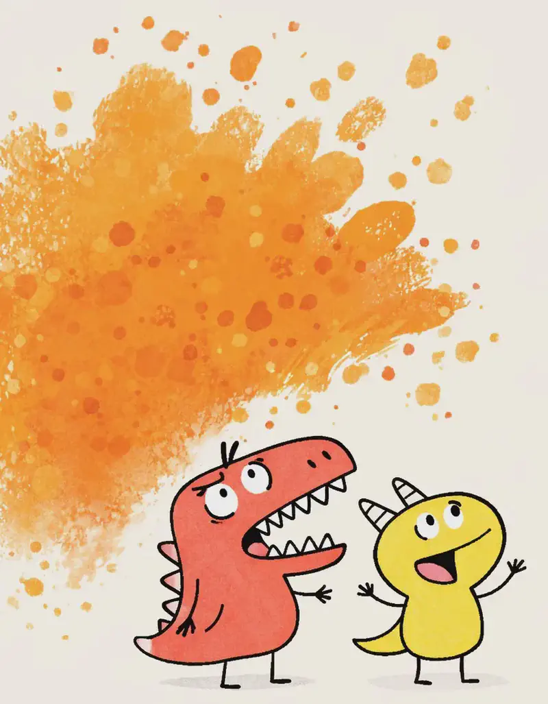 On the left side of the image, Red Dinosaur and Yellow Dinosaur stand together at the bottom, staring upward with wide eyes and open mouths in amazement. They are surrounded by a large, vibrant burst of orange paint that fills the left half of the scene — the result of their two colors mixing together. The orange paint splash spreads upward and outward in a warm, textured wash, with splatters and speckles at its edges, while the right side remains a plain, light background. The overall mood is joyful and energetic, celebrating the color orange.