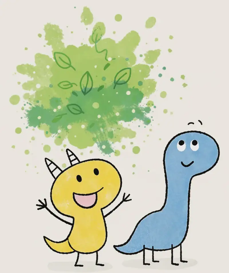 On the left side of the image, Yellow Dinosaur and Blue Dinosaur stand together at the bottom, looking upward with curious, happy expressions at a leafy explosion of green paint. Yellow Dinosaur is on the far left, partially visible, while Blue Dinosaur stands just to the right, gazing up. The background is a painterly explosion of green — with splashes, speckles, and leaf-like shapes — blending warm yellows and cool blues together, evoking a messy, joyful art session. The green paint covers everything around the dinosaurs. The right side of the image fades to a plain, light background with soft pastel splatters.