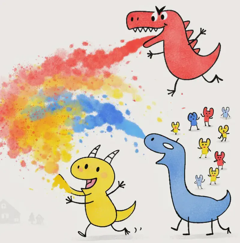 On the right side of the image, Red Dinosaur stands in the upper right with a mischievous grin, arms outstretched as if spraying red paint. Yellow Dinosaur is in the lower center-right, running energetically with a playful expression, spraying yellow paint. Blue Dinosaur is beside Yellow Dinosaur on the right, leaning forward with neck extended in an excited pose, spraying blue paint. All three dinosaurs are spraying their colors at once, creating swirling streams of red, yellow, and blue paint that mix into a wild, colorful cloud across the scene. The background is a soft, pale pink wash with faint gray silhouettes of buildings and trees on the far left. Several small figures in white, blue, yellow, and red are scattered around the right side of the image, watching and reacting to the color-mixing action.