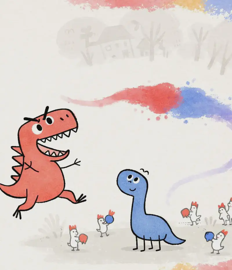 On the right side of the image, a red paint blob and a blue paint blob stream toward each other like colours on a television screen, their trails merging where they meet — illustrating the mixing of red and blue. Red Dinosaur is leaping excitedly with mouth wide open in a big toothy grin, looking energetic and playful. Blue Dinosaur sits below, gazing upward with a calm, curious expression. The background is a soft, pale wash with faint silhouettes of plants and houses, and colorful paint splatters frame the edges. Several small white creatures with red crests are scattered around both dinosaurs.