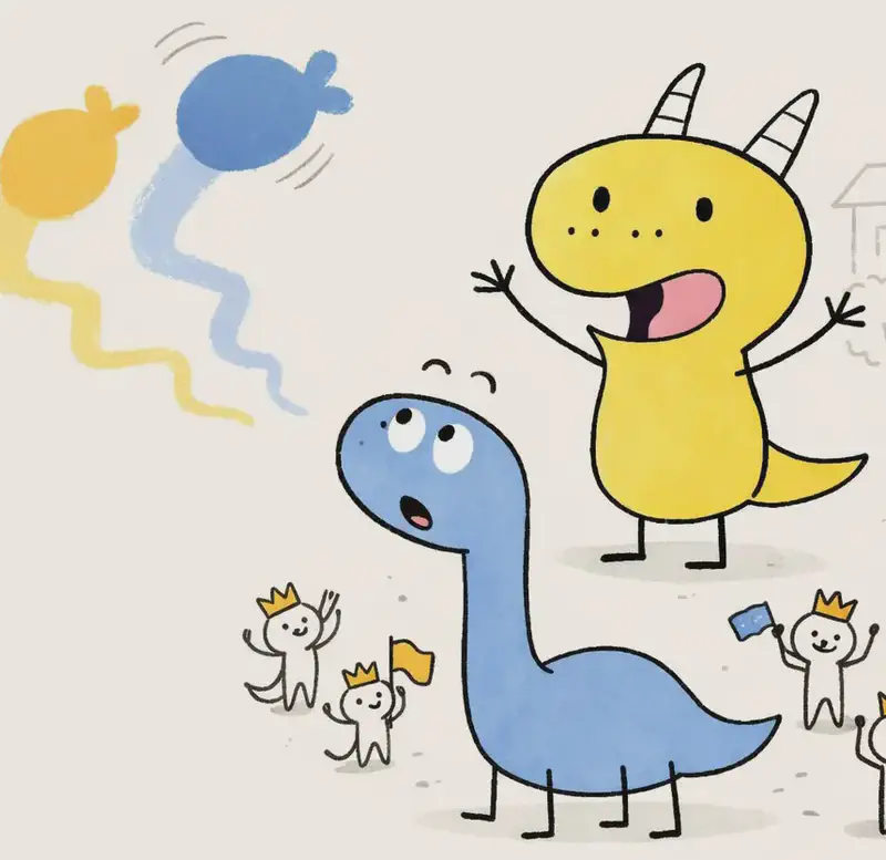 On the right side of the image, Yellow Dinosaur stands with both arms spread wide and a surprised expression, while Blue Dinosaur sits below with a long neck craning upward and wide eyes. Between and around them, a yellow and blue paint trail swooshes across the scene from the left, with a yellow blob and a blue blob swirling together in the air. The background suggests a suburban neighborhood with faded houses and trees on the far left. Several small white cat-like creatures wearing tiny golden crowns are scattered around the two dinosaurs, appearing to celebrate.