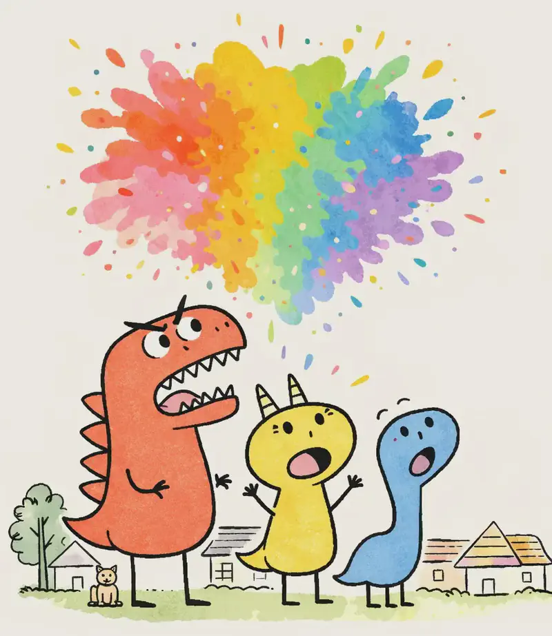 On the left side of the image, Red Dinosaur, Yellow Dinosaur, and Blue Dinosaur stand together in a suburban neighborhood, staring up in wonder with wide eyes and open mouths. They tower above the small houses and trees around them, with a vibrant, colorful explosion of every colour imaginable filling the sky behind them — splashes of rainbow hues suggesting a spectacular, magical moment. A small cat sits near one of the houses in the lower-left corner.