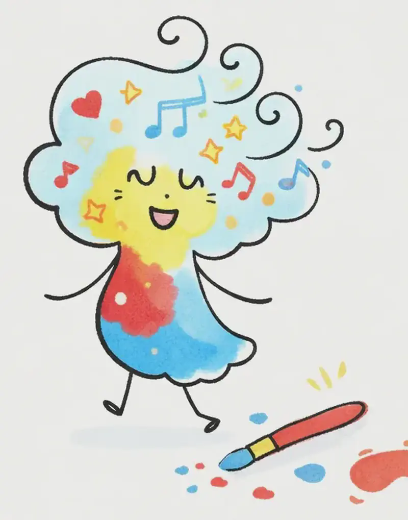 On the left side of the image, Girl Made of Air walks forward across a white background, her translucent body now painted with bright colors — making her outline visible. She has yellow-painted closed crescent-shaped eyes and a cheerful smile, with her swirly white-blue hair filled with painted hearts, stars, and music notes. A trail of colorful painted footprints — in bright blue and red — stretches behind her, with a red paintbrush lying among them and small yellow sparkle marks suggesting freshly applied paint. The right side of the image is plain white background.