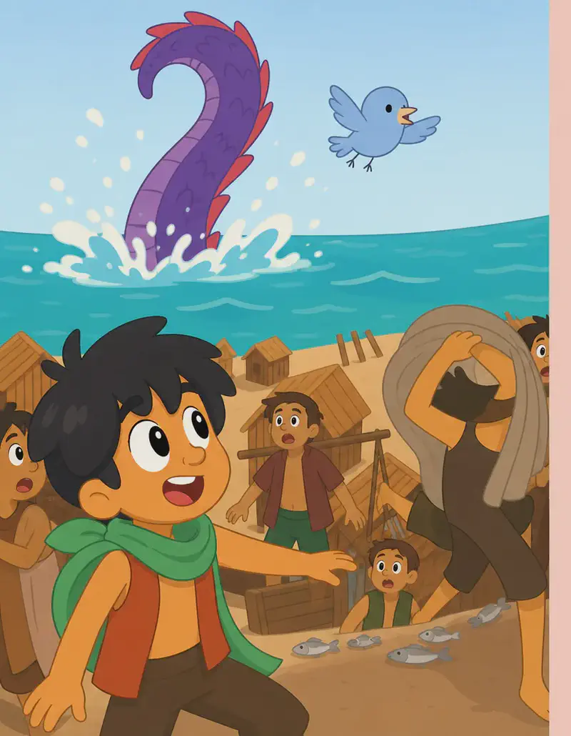 On the left side of the image, Bam stands in the foreground looking out toward the teal-colored sea with an excited, wide-eyed expression, one arm extended as if pointing or reaching toward the water. He wears his orange/rust sleeveless top and green neckerchief. Behind the shoreline, a large Sea Dragon tail — covered in deep purple/violet scales with vivid red streaks across them — curls up dramatically from the ocean, sending a spray of water and sparkles into the sky. Bird soars near the emerging tail, wings spread wide. Several other figures are gathered on the sandy shore among wooden structures, looking on with surprise at the emerging tail. Fish are scattered on the ground near the shore.  Bam is looking directly at the tail.