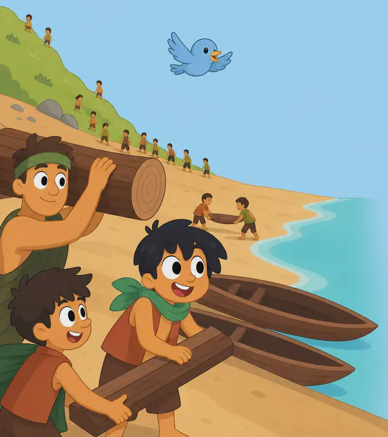 In the lower-left portion of the image, Bam stands smiling and looking upward, carrying a large wooden beam on his shoulder as he helps rebuild along the beach. He wears his orange/rust sleeveless top and green neckerchief. Beside him, other friends work together — some carrying planks and logs, others further down the sandy shore pushing wooden boats back toward the turquoise water. Bird flies overhead in the center of the scene, wings spread wide, beak open cheerfully. The beach stretches along the right side with calm blue-green water, and a grassy hillside rises in the background on the left, where more small figures can be seen walking and helping with the cleanup.