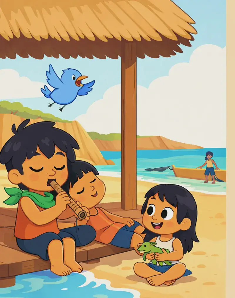 On the left side of the image, Bam — a young boy with warm medium-brown skin, short tousled black hair with a slight cowlick, large white circular eyes (closed peacefully), rosy cheeks, wearing a loose orange/rust sleeveless top and a green neckerchief — is sitting and playing a flute, while a friend leans against him dozing off. Another child sits nearby on the wooden deck, smiling contentedly and holding what appears to be a small lizard or iguana. They are under a wooden beach shelter on a sunny day, with sandy shore, turquoise water, and rocky cliffs visible in the background. Bird — a small, round-bodied light-blue bird with an orange/peach beak and two small black dot eyes — is flying in the upper-left area of the scene above the shelter, wings spread wide. A figure stands in the background near a boat on the beach, and an additional child sits on the deck in the foreground.