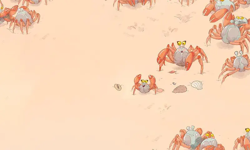 Multiple orange and gray crabs with yellow eyes scattered across sandy beach, with a small baby crab in the center near seashells.