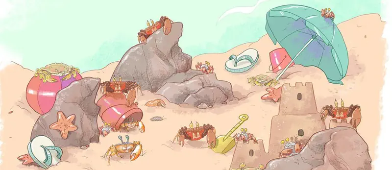 Busy beach scene with many crabs playing around rocks, a sandcastle, beach umbrella, bucket, shovel, starfish, and beach toys.