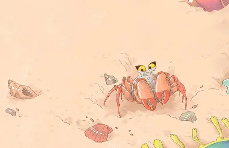 Single orange crab with yellow eyes standing on sandy beach surrounded by seashells, a conch shell, and sea plants near tidal water.