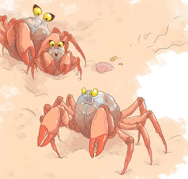 Two orange crabs with yellow eyes on sandy beach - adult carrying baby crab, and another crab walking in the foreground near a pink shell.