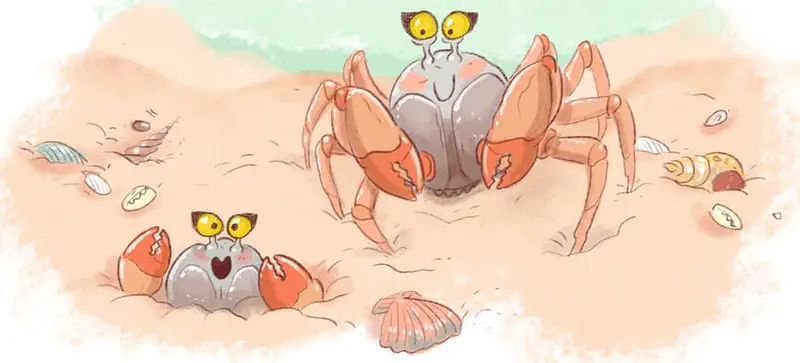 Adult crab watching over excited baby crab popping out of sandy hole, surrounded by colorful seashells on the beach.