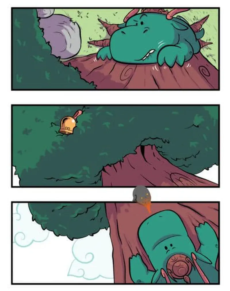 Comic panels showing a teal dragon sleeping on a tree branch, a bell ringing in the tree, and the dragon flying down from the clouds.