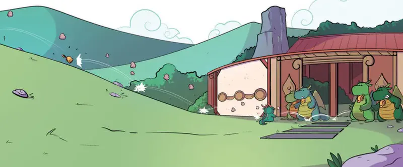 Dragon school yard with building featuring large circular door, small teal dragon breathing fire while adult dragons watch nearby on grassy hills.