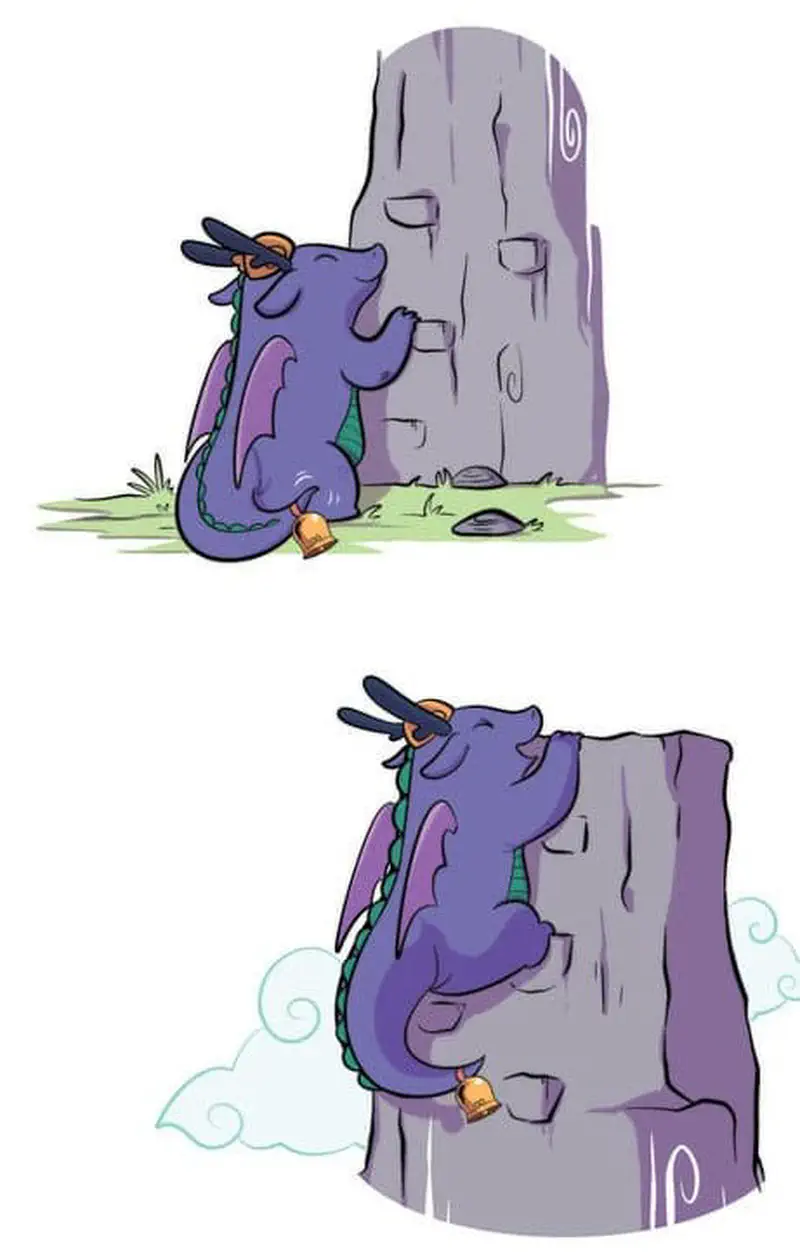 Two panels showing purple dragon with glasses and green belly climbing up a rock wall, practicing at dragon school.