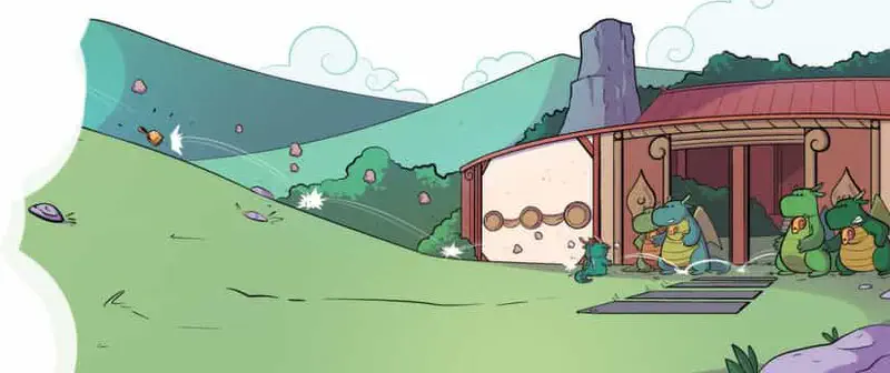 Dragon school yard with building featuring circular door, small teal dragon practicing fire breathing while adult dragons observe nearby.