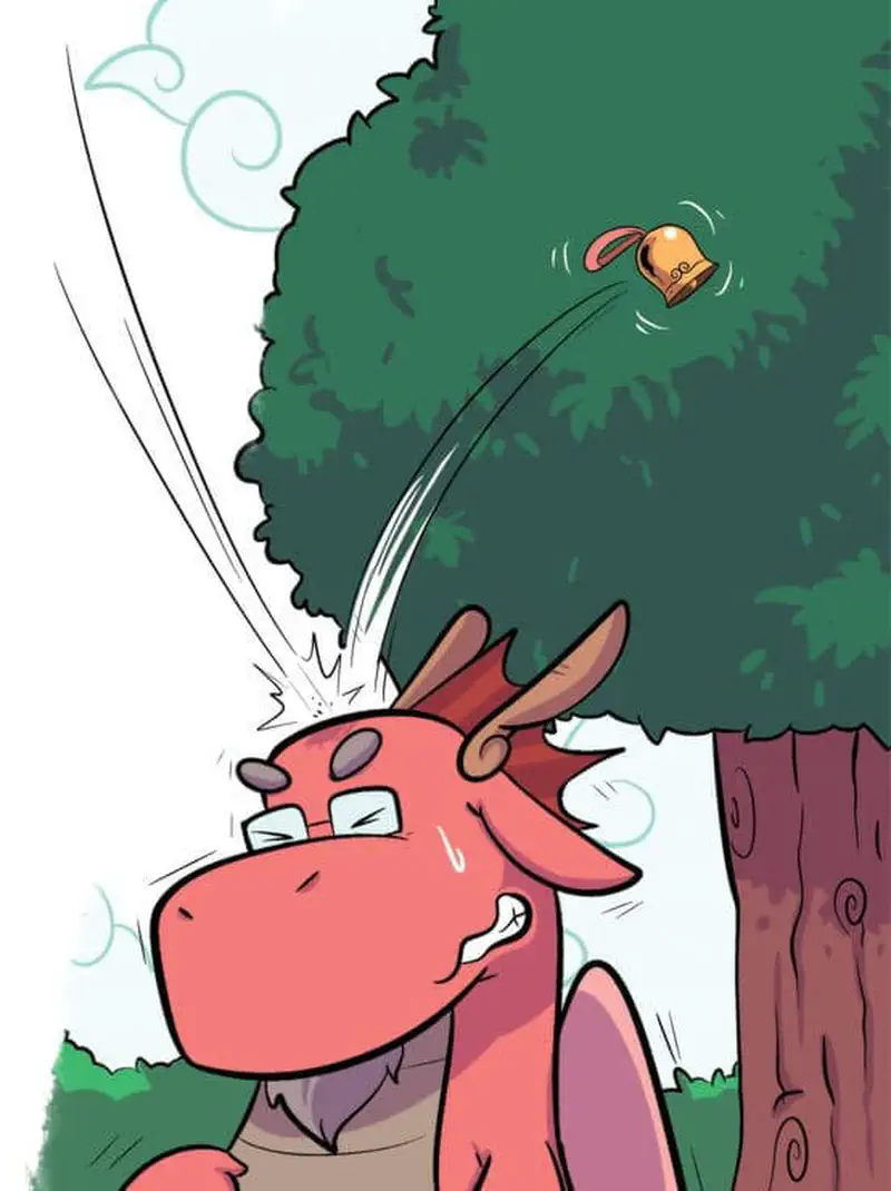 Pink dragon teacher looking surprised as golden bell flies through air, having been knocked off, standing near tree trunk.