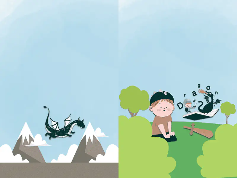 Dragon flying over snowy mountains and boy reading dragon book on grassy hill