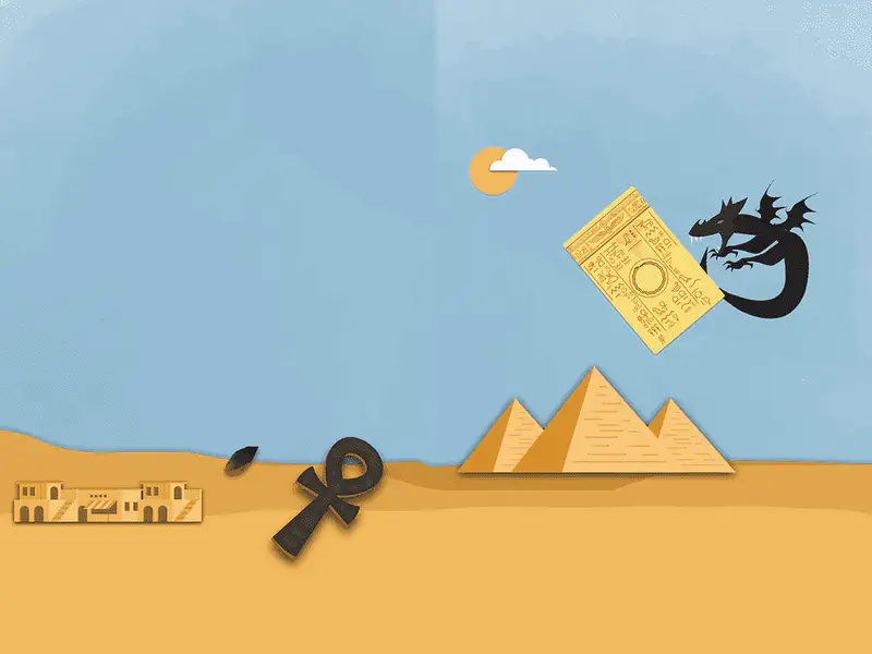 Dragon holding Egyptian scroll flying over pyramids with ankh symbol in desert