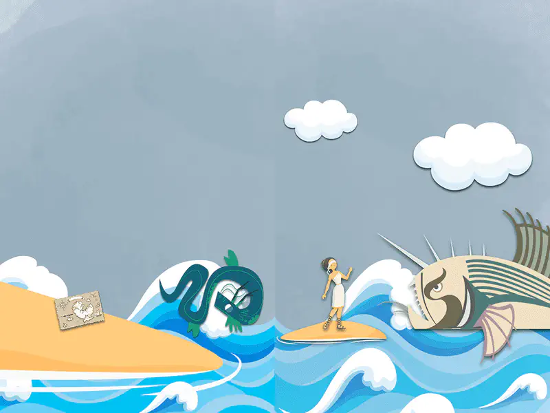 Sea serpent near island and giant fish monster threatening woman on small island