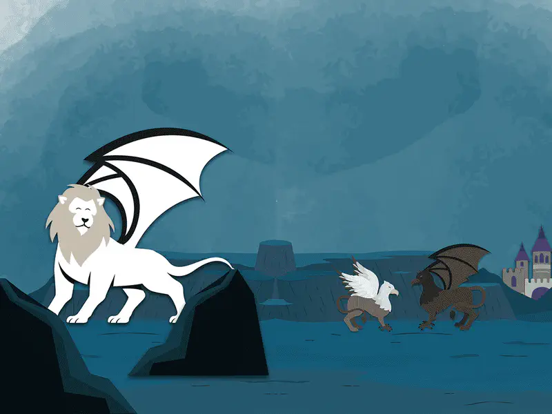 White winged lion on rocks with griffin and wyvern near castle in misty landscape