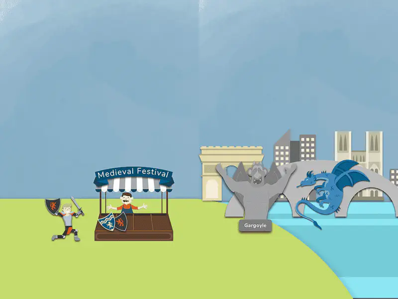 Medieval festival booth with knight and blue dragon with gargoyle near Paris landmarks