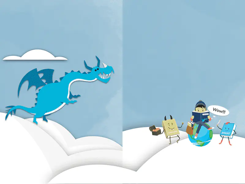 Blue dragon on snowy mountains and boy reading with animated books saying Wow