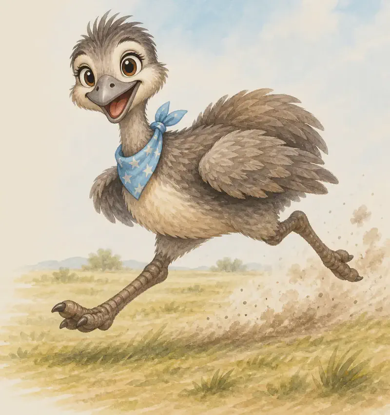 Toño running fast across an open grassland — legs in motion, body leaning forward, wings tucked or partly extended for balance. Speed lines or motion suggested with a streak of dust behind him. Mood: energetic and dynamic.