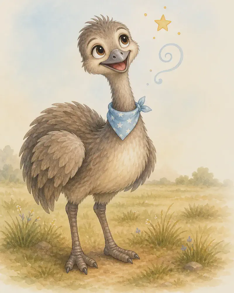 Toño stands still in the grassland, looking up dreamily with a slight head tilt and a soft, faraway expression. A few tiny floating dream-symbols (a star, a small swirl) drift gently near his head to suggest daydreaming. Mood: gentle, whimsical.