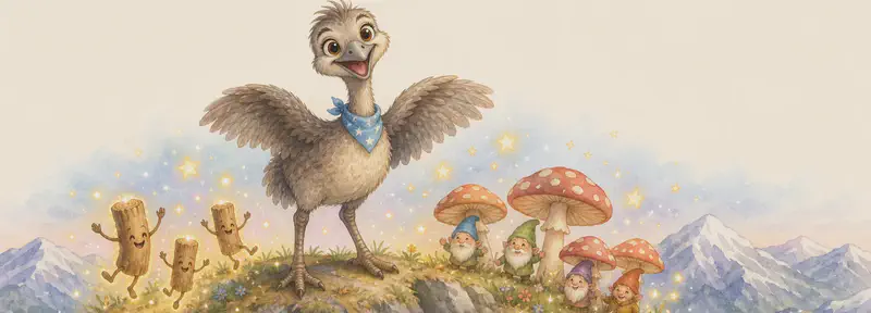 A whimsical "daydream" composite. Toño stands on a high mountain peak with his wings partly spread as if imagining flying. Surrounding him in his imagination: small dancing firewood logs with little starlight around them, and a cluster of mushrooms with tiny gnomes underneath using them as umbrellas. The dream elements should be clearly imaginary (soft glow or pastel hues) and grouped together near Toño.