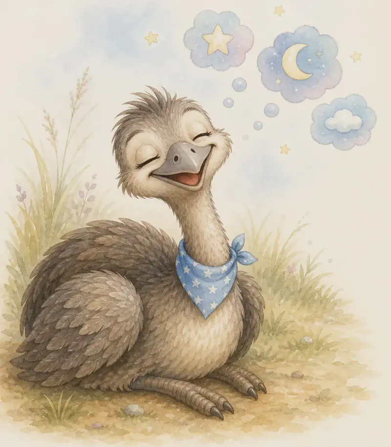 Toño is resting peacefully — sitting or lying down — with a happy, dreamy expression. A few small, soft dream-bubbles or stars float gently above his head. Closing-page mood: gentle, content, sleepy. Soft pastel atmosphere.