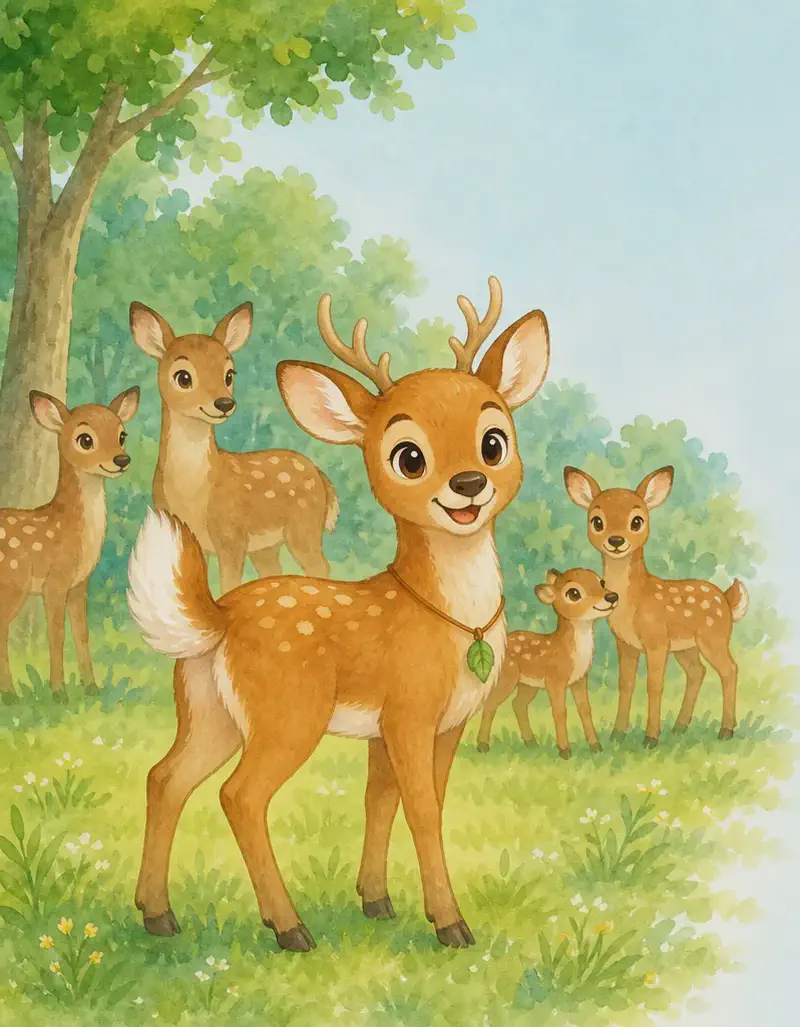 Introduce Víctor standing among a small herd of deer in a grassy clearing. Víctor is in the foreground with his white tail clearly visible, smooth fur, and small antlers. Mood: welcoming, calm herd life.