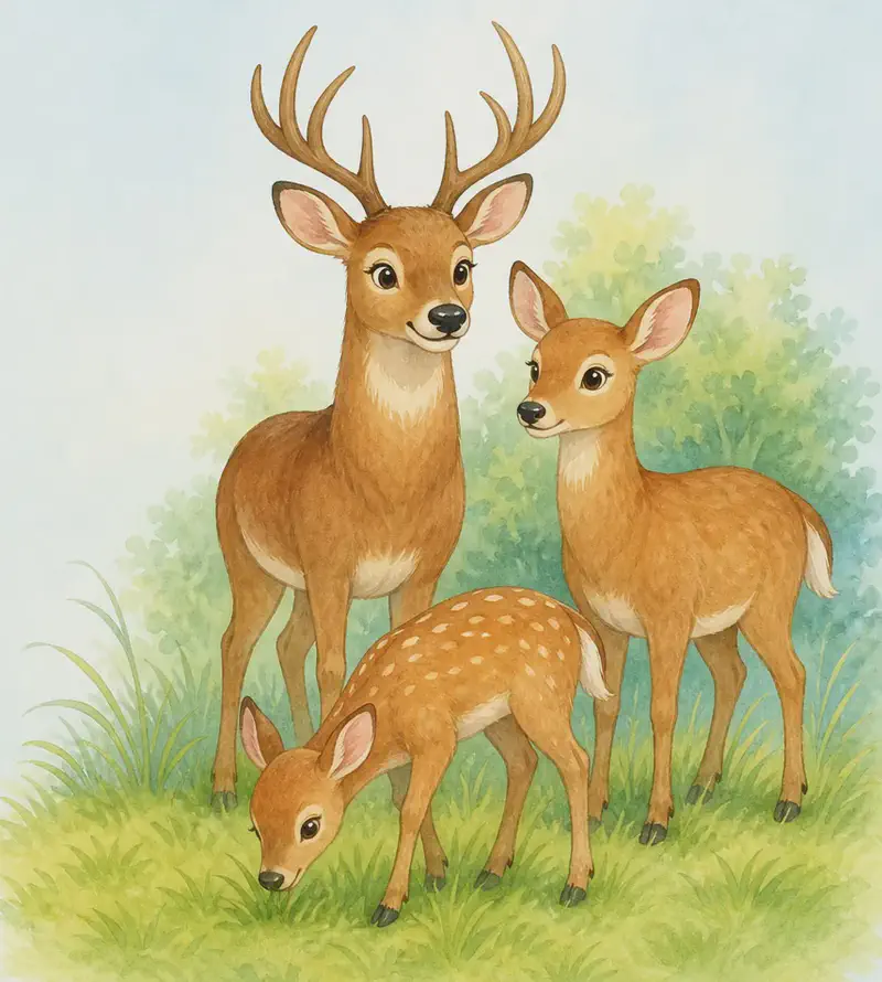 A small family group of deer grazing or standing together in soft grass. The male is in the centre with antlers up. Mood: peaceful family group.