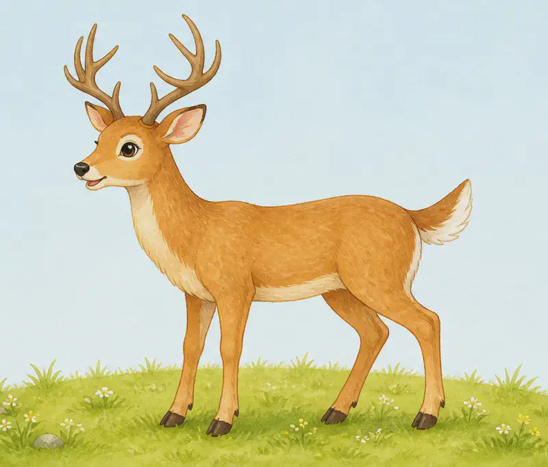 A clear side-profile of a deer standing on a small grassy mound — antlers clearly branching, slim legs visible with split hooves clearly drawn. Mood: educational, calm focus on anatomy.