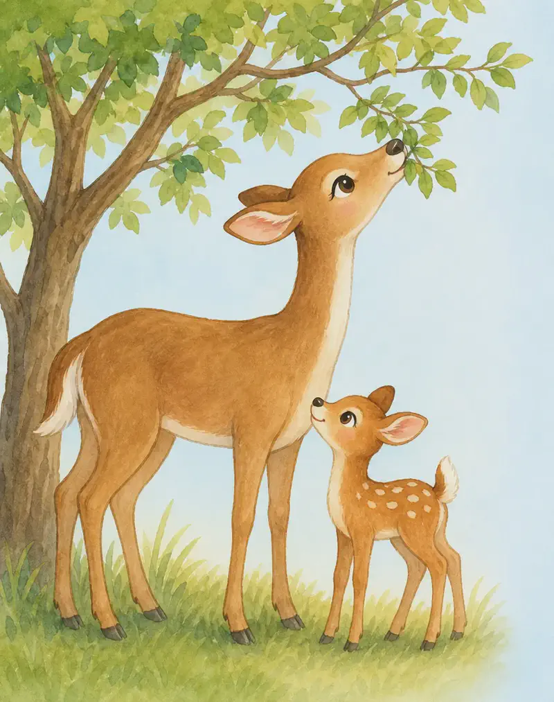 The adult deer stretches its long neck up to nibble leaves from a low branch while the fawn stands close beside it, looking up. Setting: open grassland with one small tree. Mood: tender, parental.
