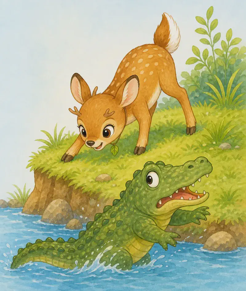 Young Víctor as a small fawn standing bravely, head lowered to point his tiny antlers at a startled crocodile that is retreating. Setting: riverbank with grass. Mood: bravery, courage despite small size.