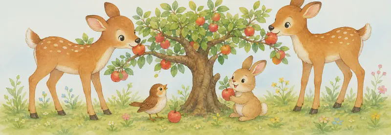 A peaceful group of small forest animals (one or two deer, a small bird, a small rabbit or similar) sharing a tree with fruit on its low branches. All animals look calm and content. Mood: peaceful sharing, closing feel-good page.