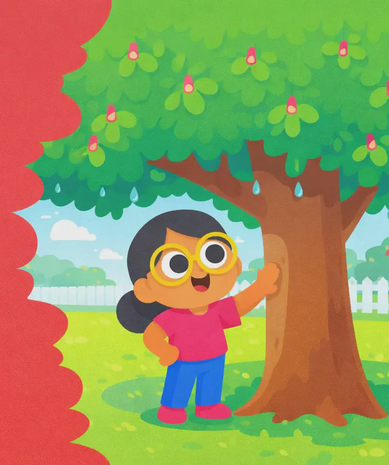 On the right side of the image, Girl stands beside a large, lush flowering tree in a suburban yard, looking up at it with a joyful, open-mouthed smile and one hand reaching out to touch its trunk. The tree has a full green canopy dotted with small pink flowers resembling little candles, and Girl is sheltering under its branches. A few last droplets drip from the leaves above her. The scene is set on a bright post-rain day with a soft, clearing sky, and the left side remains a plain warm-toned background.