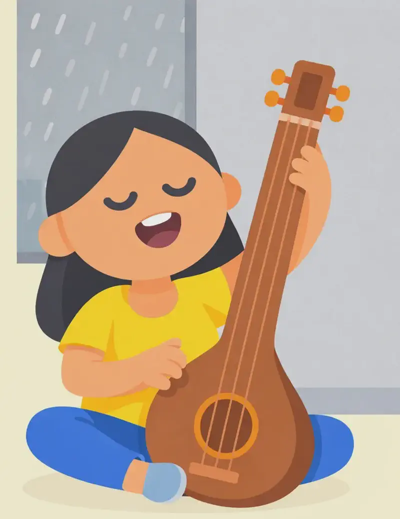 On the right side of the image, Mum sits cross-legged, eyes closed with a blissful smile, singing while playing a sitar. One hand reaches up to pluck the strings while the other is extended gracefully mid-song. The left side of the image is plain pale yellow background, providing open space for text. The indoor setting behind Mum is rendered in soft grey tones suggesting a rainy day outside.