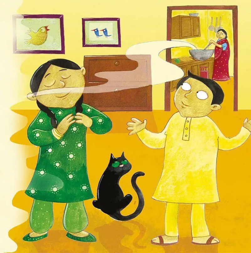 Two children smelling cooking aroma with black cat while mother cooks in kitchen