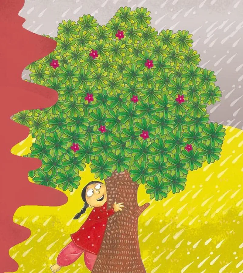 Girl in red dress sheltering from rain under large flowering tree in garden