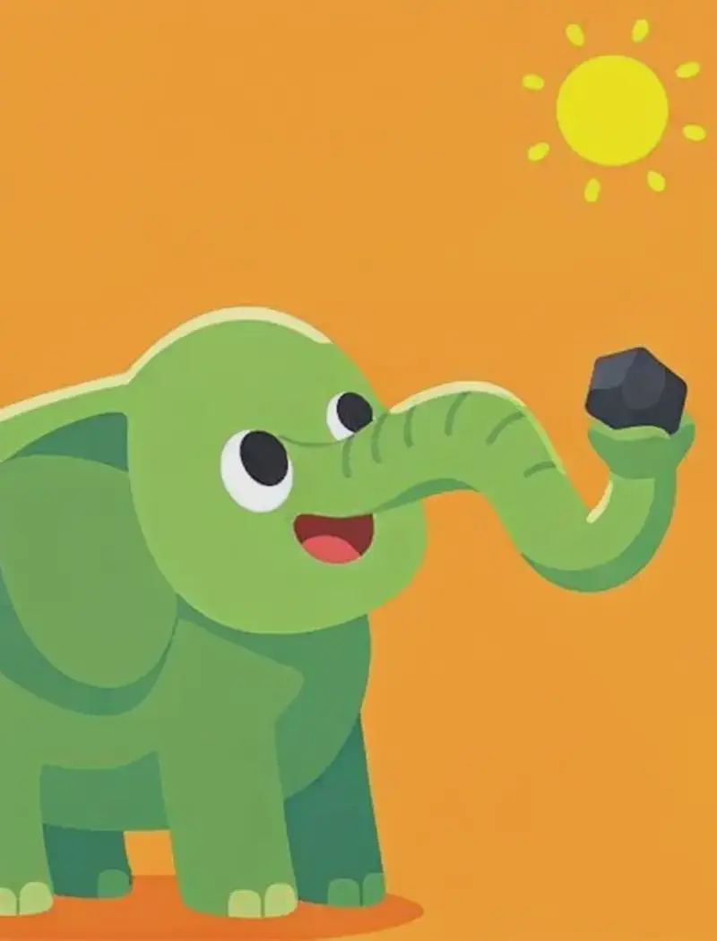 On the left side of the image, an elephant stands gripping a small dark rock tightly in the curled tip of its trunk, holding it up as if examining it. The elephant has its mouth slightly open and appears curious or contemplative. The scene is set outdoors against a warm orange sky with a bright yellow sun near the top centre, suggesting a hot, sunny day. The right side of the image is plain orange-toned background.