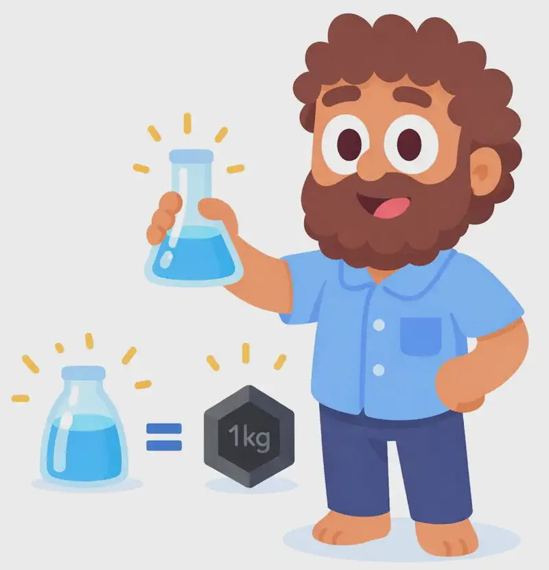 On the right side of the image, Dad stands at a three-quarter angle holding a clear flask filled with water in one hand, presenting it proudly with a confident smile. Next to him, a simple diagram shows the filled water flask next to an equals sign and a 1kg weight, illustrating the concept that the water-filled flask weighs exactly one kilogramme. Small radiating lines surround the diagram for emphasis. The background is plain white. The left side of the image is clear for text.