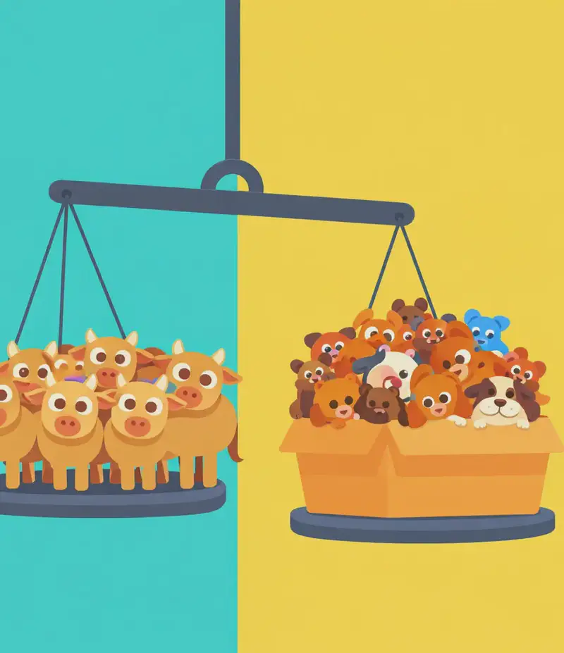 On the left side of the image, a large balance scale dominates the scene. On the left pan, ten cows stand huddled together, looking wide-eyed and slightly bewildered, their combined weight pulling that side of the scale down lower. On the right pan, 200 dogs of various sizes and breeds are crammed into a large cardboard box labelled "200," sitting higher up as the scale tips in the cows' favour. The background is split with a bright turquoise colour on the left and yellow on the right, with the right portion remaining as plain background space.