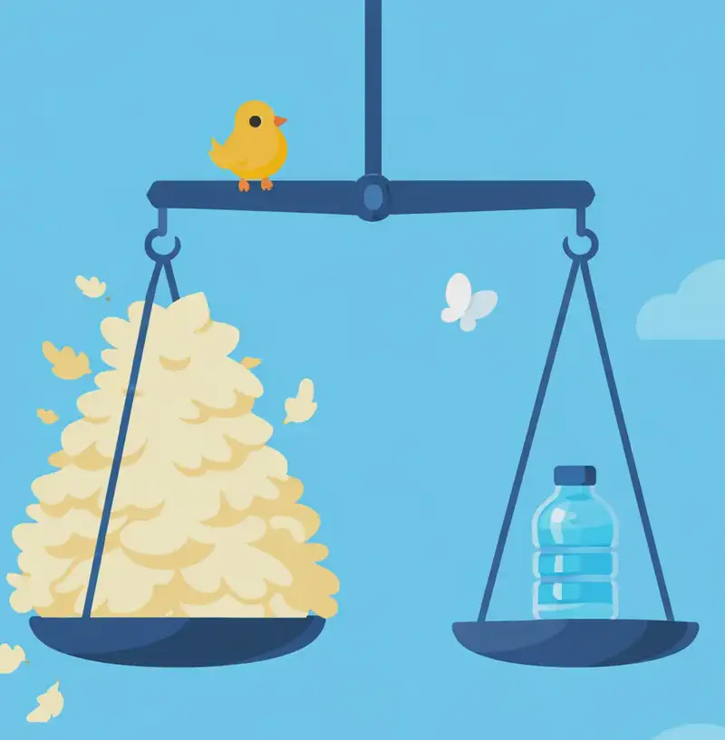 On the right side of the image, a large balance scale hangs from above against a bright blue sky with soft clouds. The left pan of the scale holds an enormous, overflowing pile of feathers that towers upward, while the right pan holds a small water flask (one kilogramme), with both sides balanced evenly. A tiny bird perches on the top beam of the scale, and a white butterfly flutters nearby. The dramatic size contrast between the massive mound of feathers and the compact flask visually emphasises the difference in volume for the same weight.