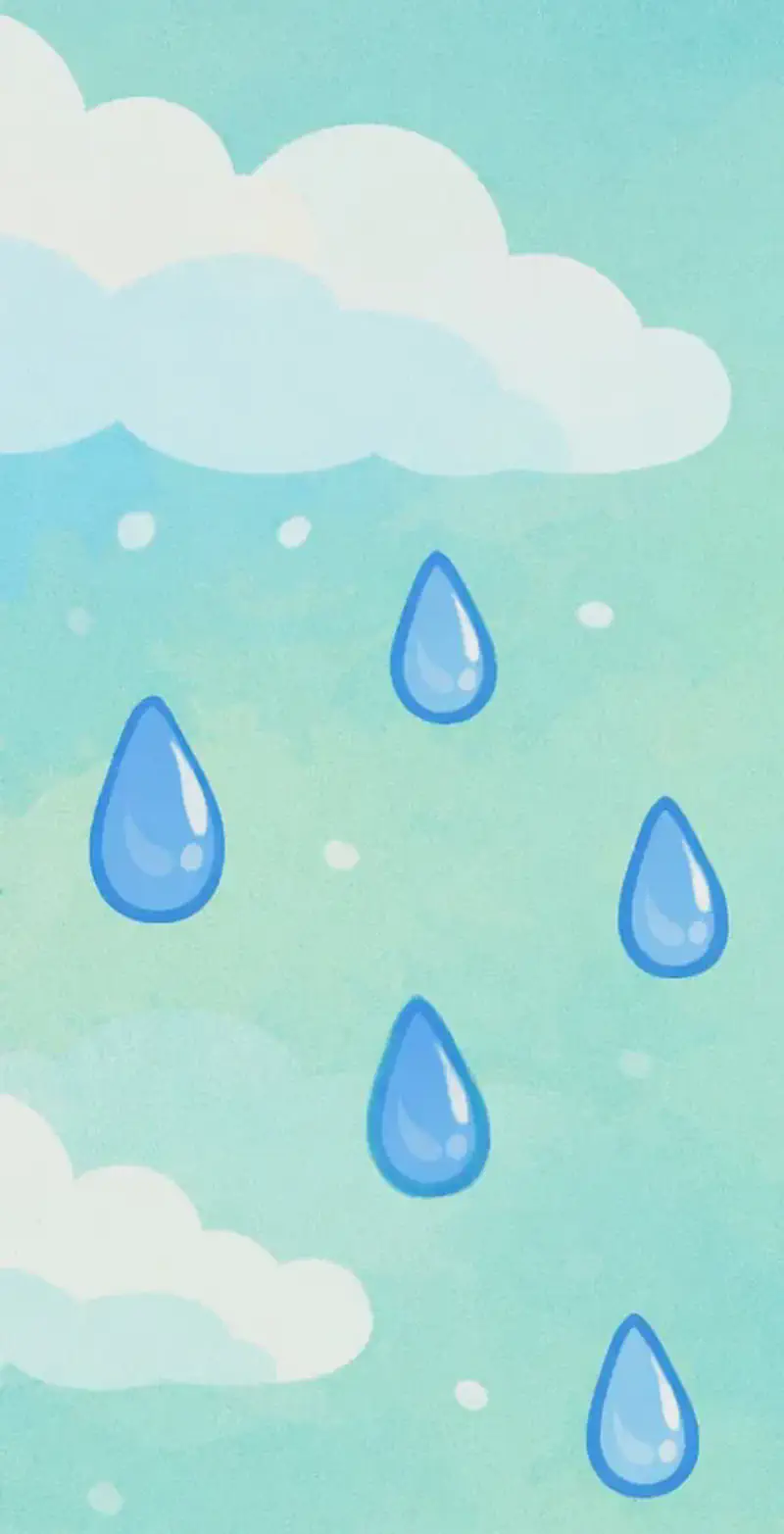 On the left side of the image, large blue-outlined raindrops fall from a soft watercolour sky filled with white clouds, against a turquoise and green-tinted background. The scene is an outdoor daytime sky view with scattered raindrop illustrations drifting downward, evoking a gentle rain shower. No characters are present — the composition is purely atmospheric, showing the rain referenced in the page text.