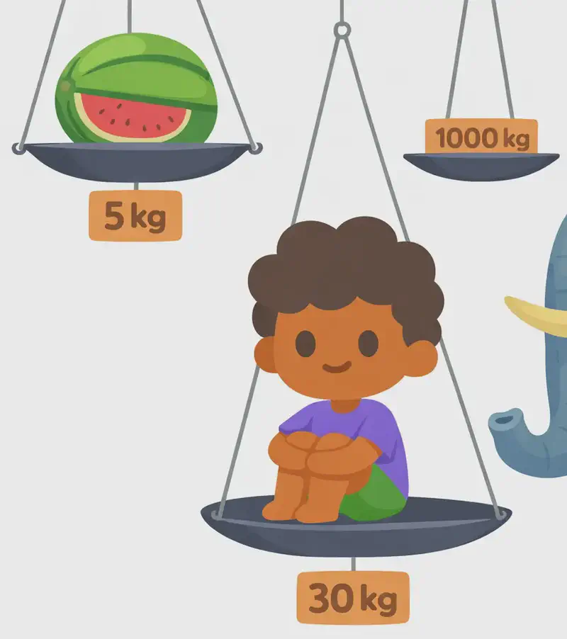 On the right side of the image, The Boy sits cross-legged on the pan of a large hanging balance scale, smiling contentedly with his arms wrapped around his knees. His pan is labelled "30 kg." Above him to the upper left, another pan holds a halved watermelon with a label reading "5 kg." To the far right, the tip of an elephant's trunk is visible, connected to a pan labelled "1000 kg." The left side of the image is plain white background.