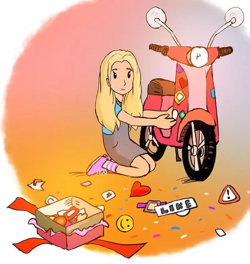 Girl sitting on ground decorating pink scooter with stickers from gift box